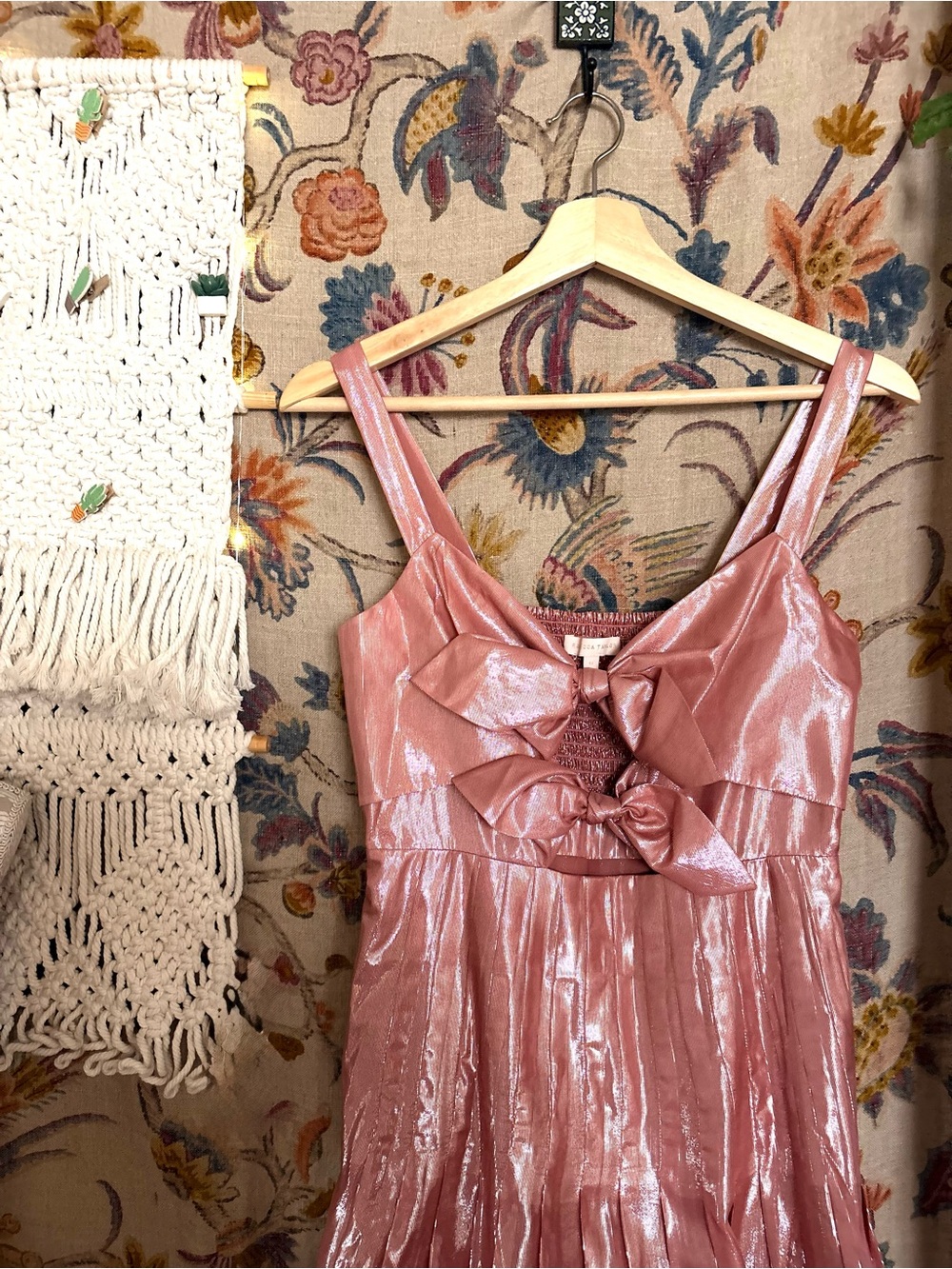 Rebecca Taylor Shimmery Metallic Dusty Rose Bow-Front Maxi Dress